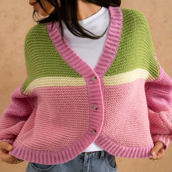 Winter Clothes For Women New V-Neck Colorful Striped Funny Long Sleeve Cardigan - Picture 1 of 5